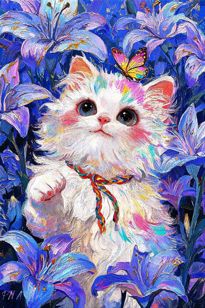 White Cat &amp; Blue Lilies Diamond Painting Kit-11.8" x 15.7"