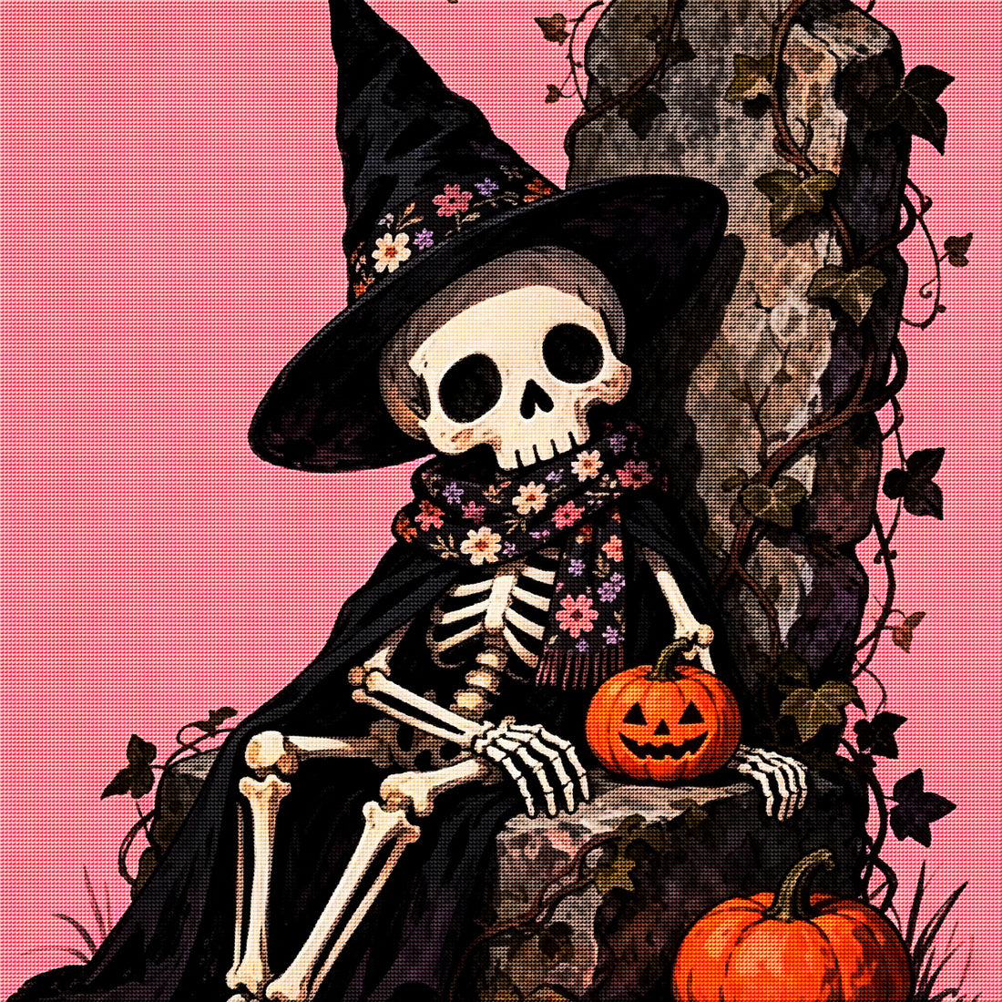 Floral Witch Skeleton Halloween Diamond Painting Kit 💀-11.8" x 11.8"