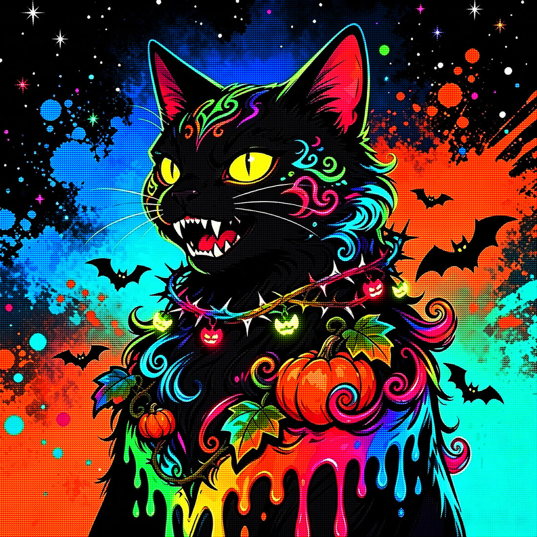 Neon Black Cat Halloween Diamond Painting Kit 🐈‍⬛-11.8" x 11.8"