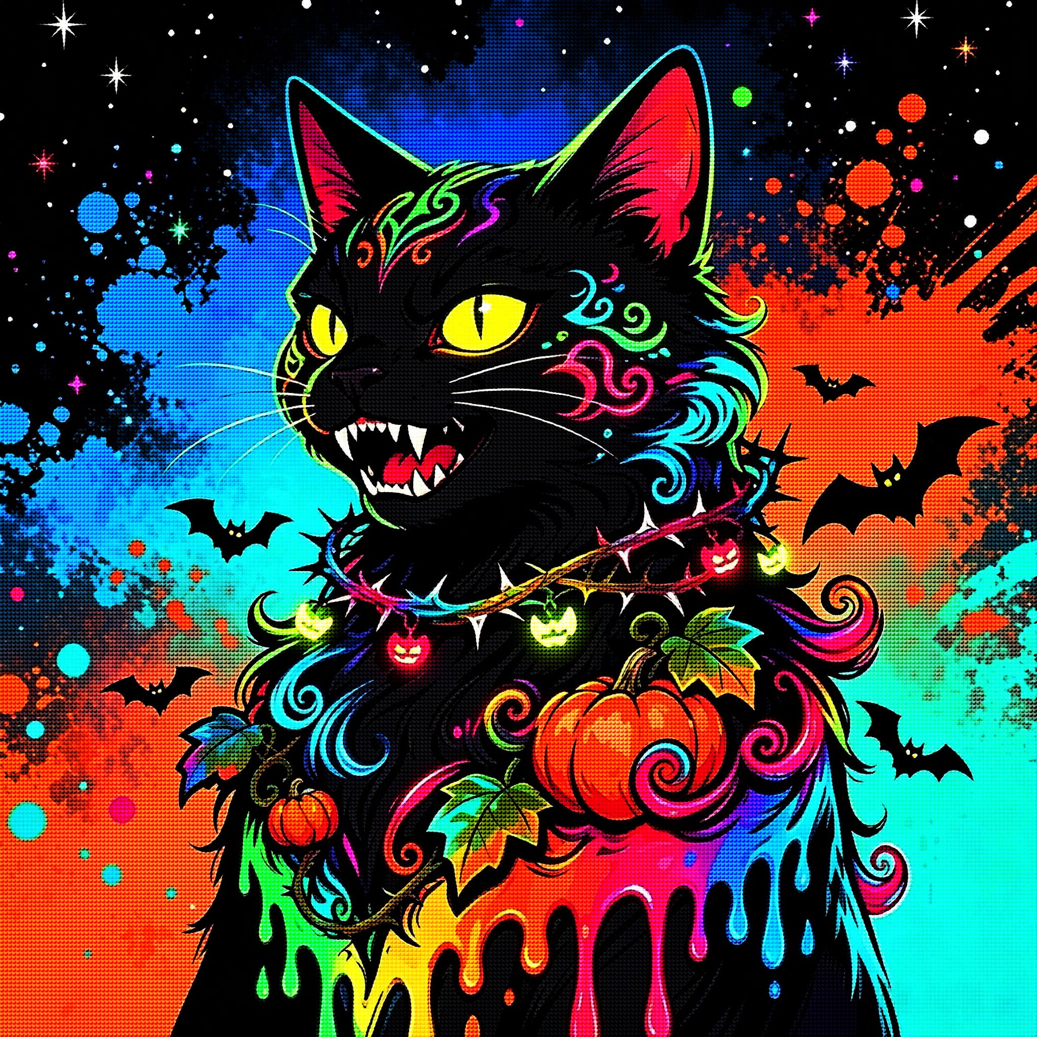Neon Black Cat Halloween Diamond Painting Kit 🐈‍⬛-11.8" x 11.8"