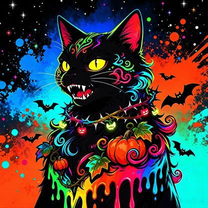 Neon Black Cat Halloween Diamond Painting Kit 🐈‍⬛-11.8" x 11.8"