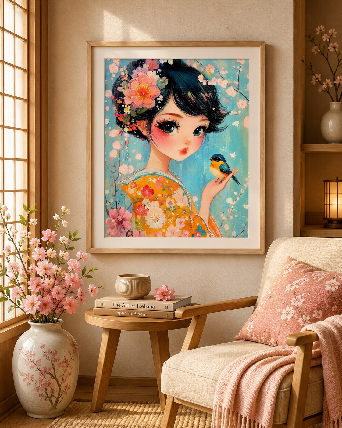 Japanese Blossom Girl &amp; Songbird Wall Art 🌸