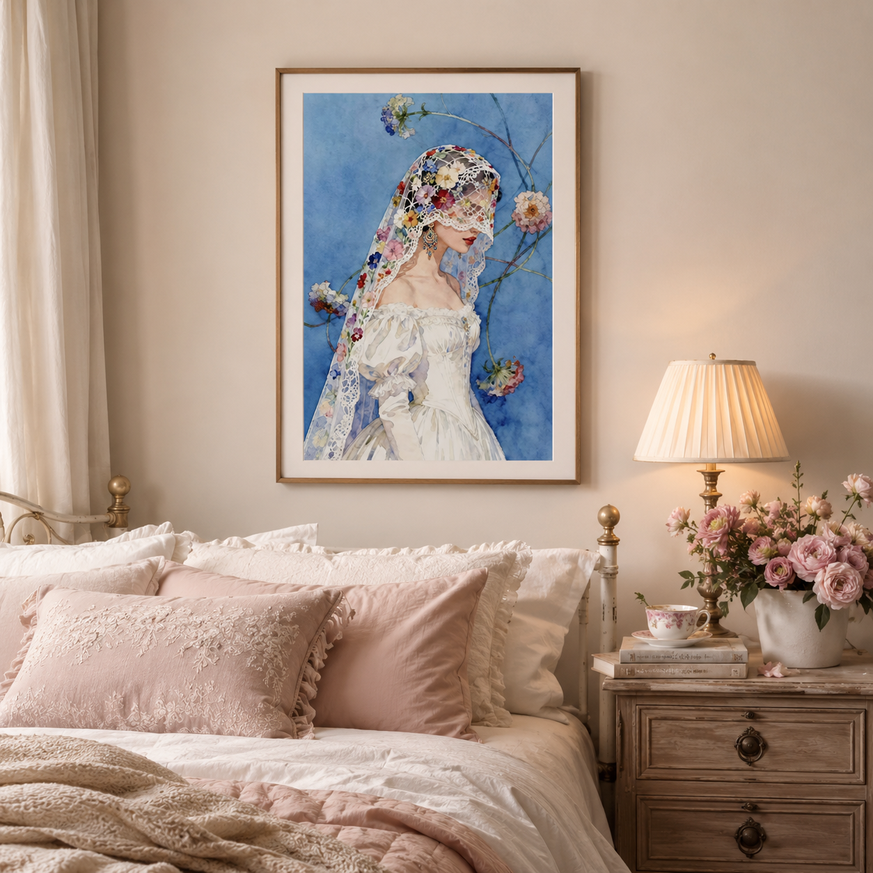Floral Veil Bride Watercolor Wall Art RW15-11.8"x 15.7&