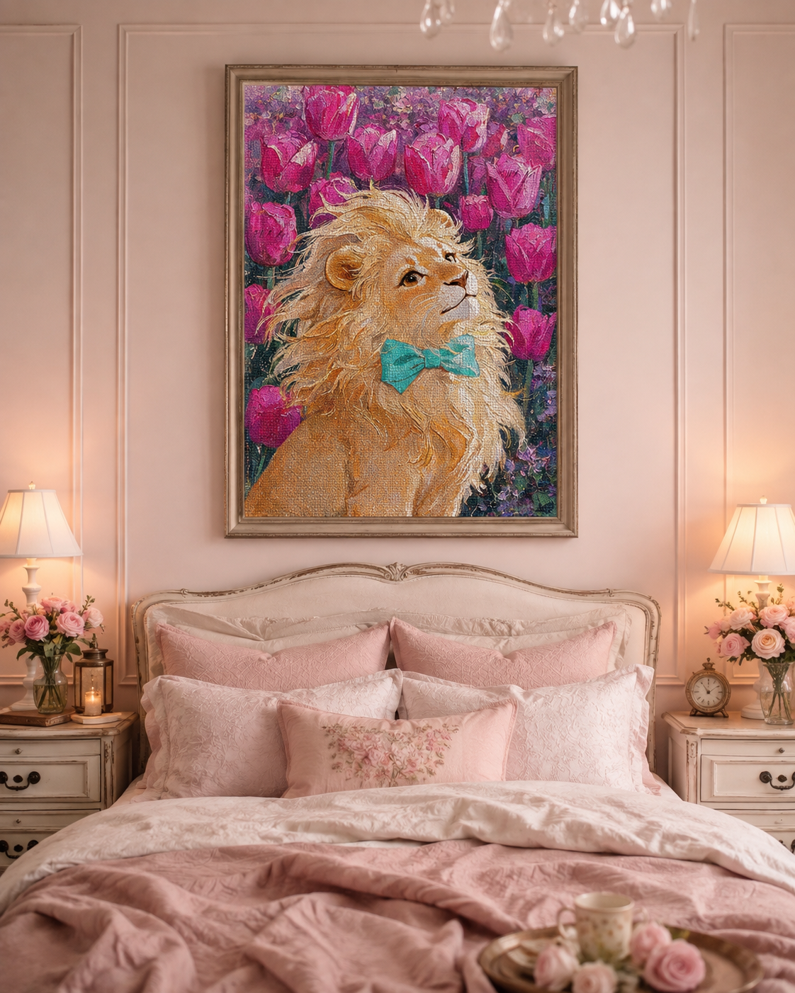 Majestic Lion &amp; Pink Tulips Diamond Painting Kit