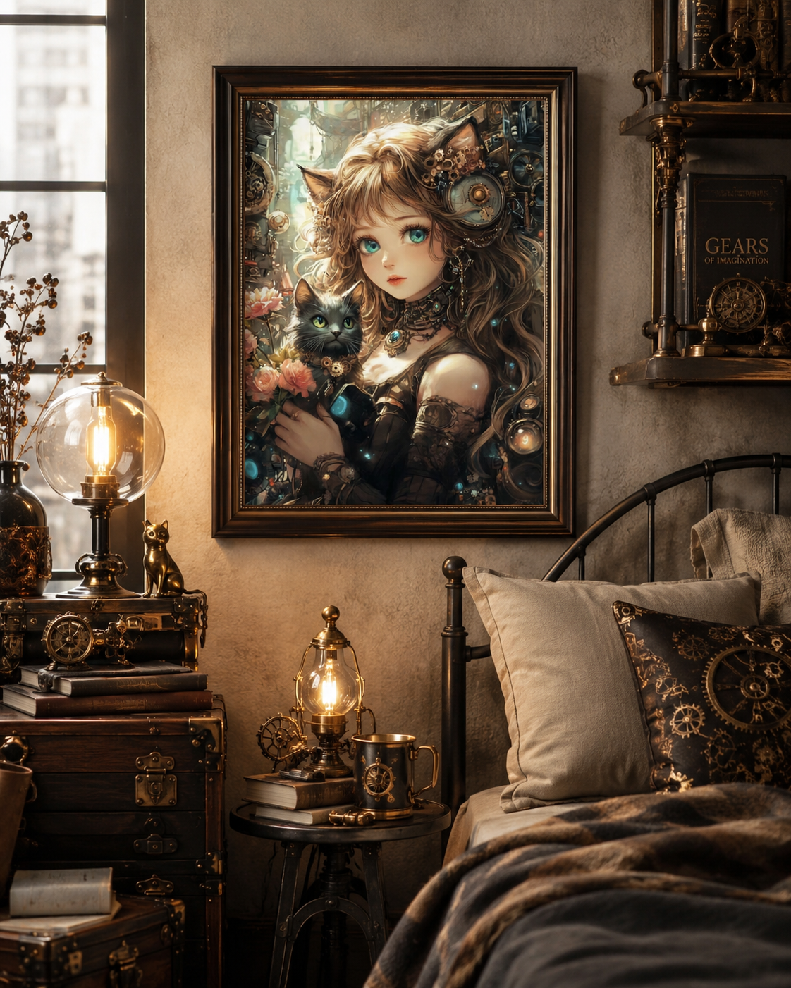 Steampunk Cat Girl Fantasy Wall Art 🐈‍⬛
