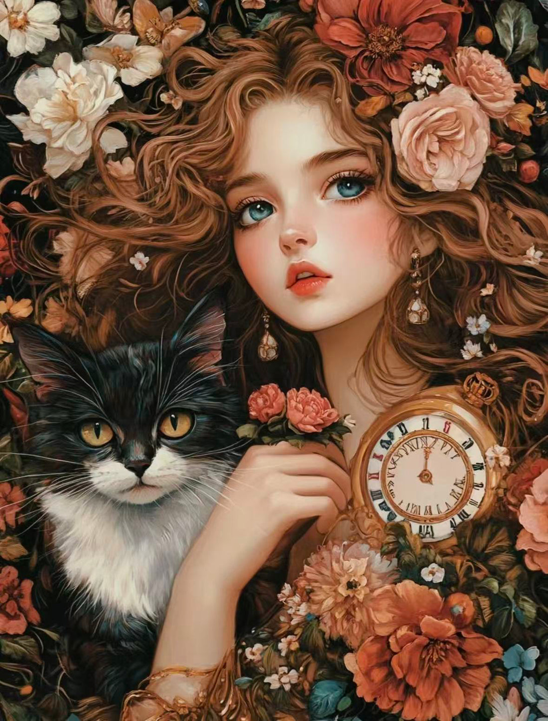 Vintage Black Cat &amp; Floral Maiden