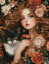 Vintage Black Cat & Floral Maiden