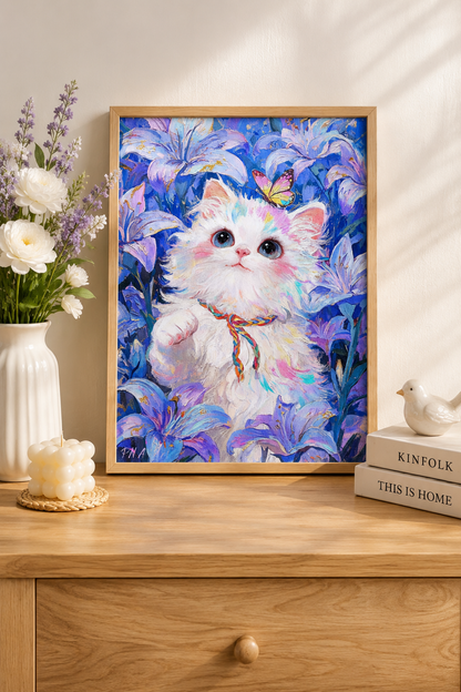 White Cat &amp; Blue Lilies Diamond Painting Kit-11.8" x 15.7"