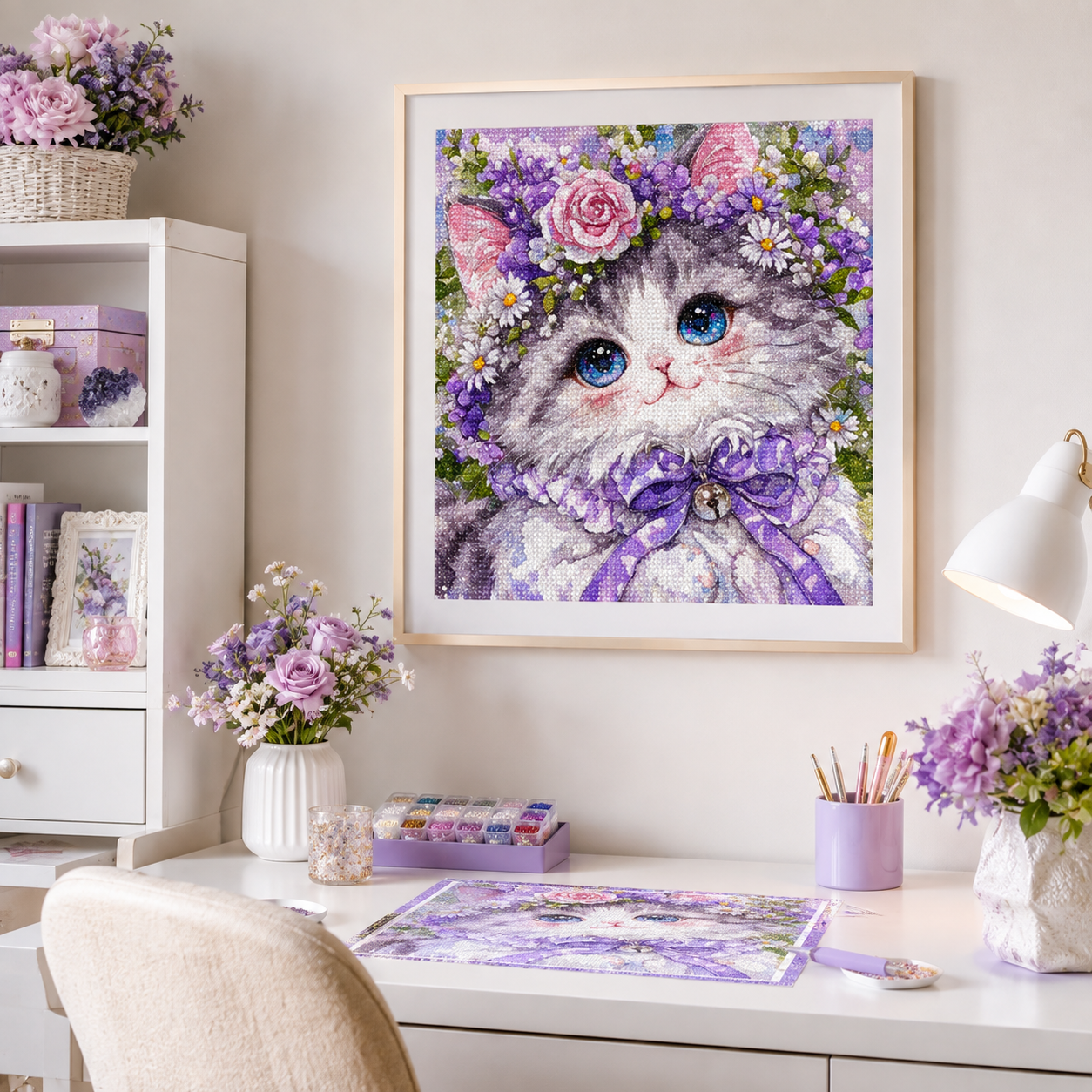 Cute Floral Kitten Diamond Painting Kit