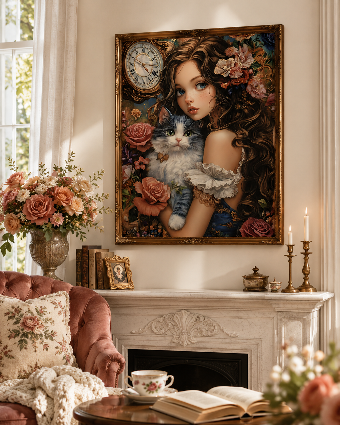Vintage Clockwork Cat Lady Floral Wall Art 🐱