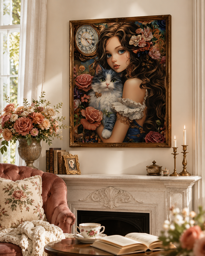 Vintage Clockwork Cat Lady Floral Wall Art 🐱