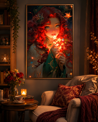 Enchanted Red-Haired Fairy with Glowing Flowers Wall Art 🔥