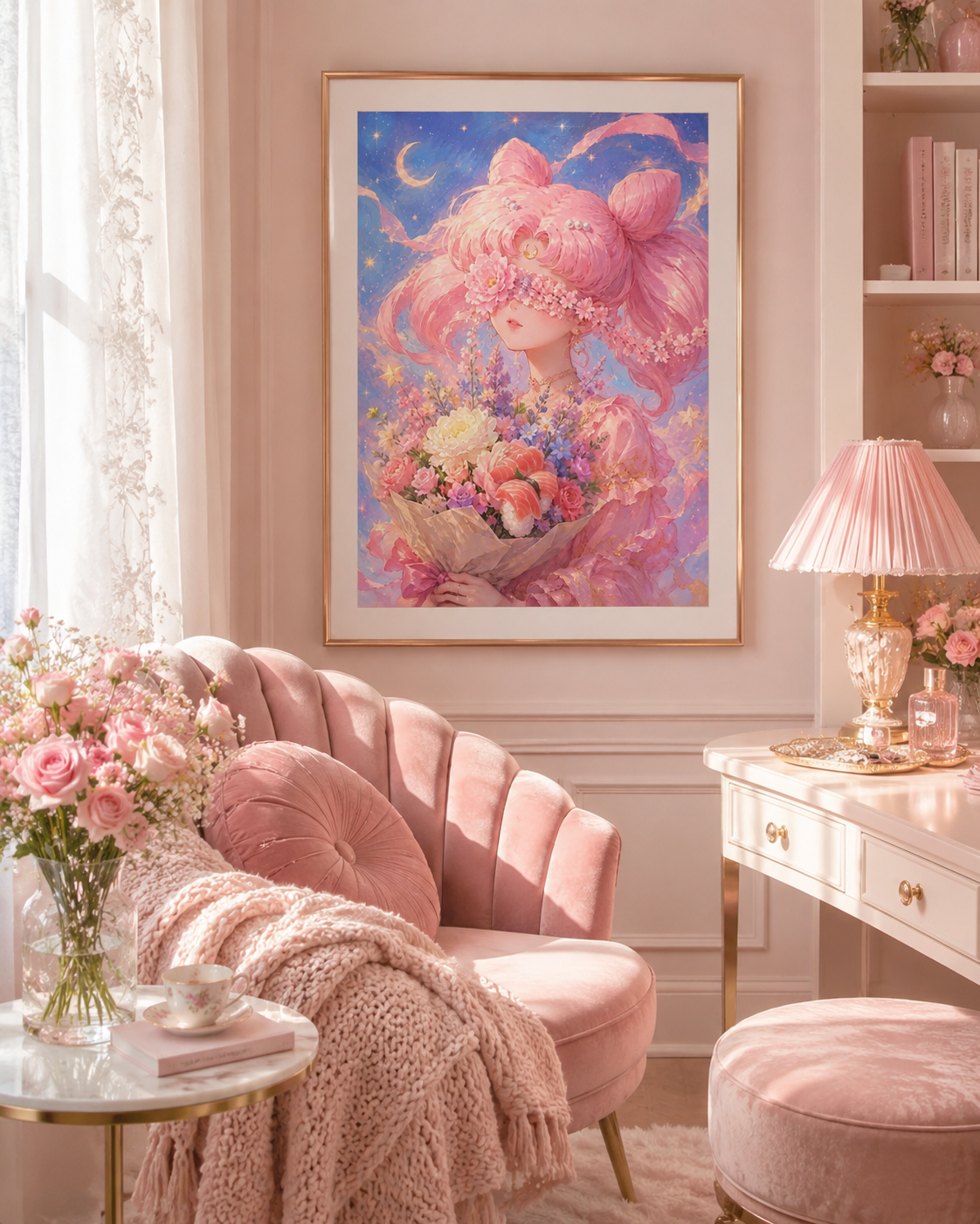Celestial Pink Moon Princess Floral Wall Art 🌙