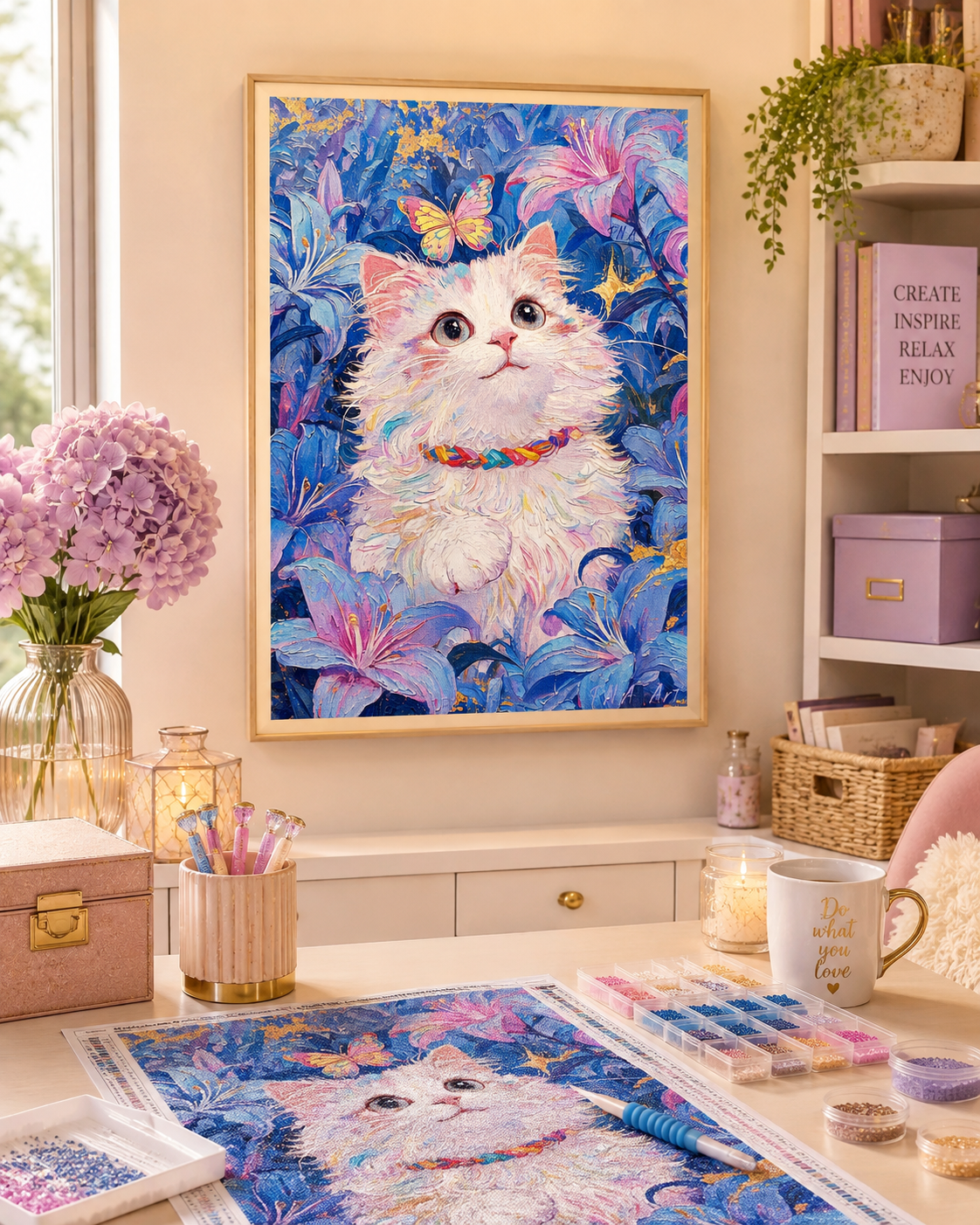 White Cat &amp; Blue Lilies Diamond Painting Kit-11.8" x 15.7"