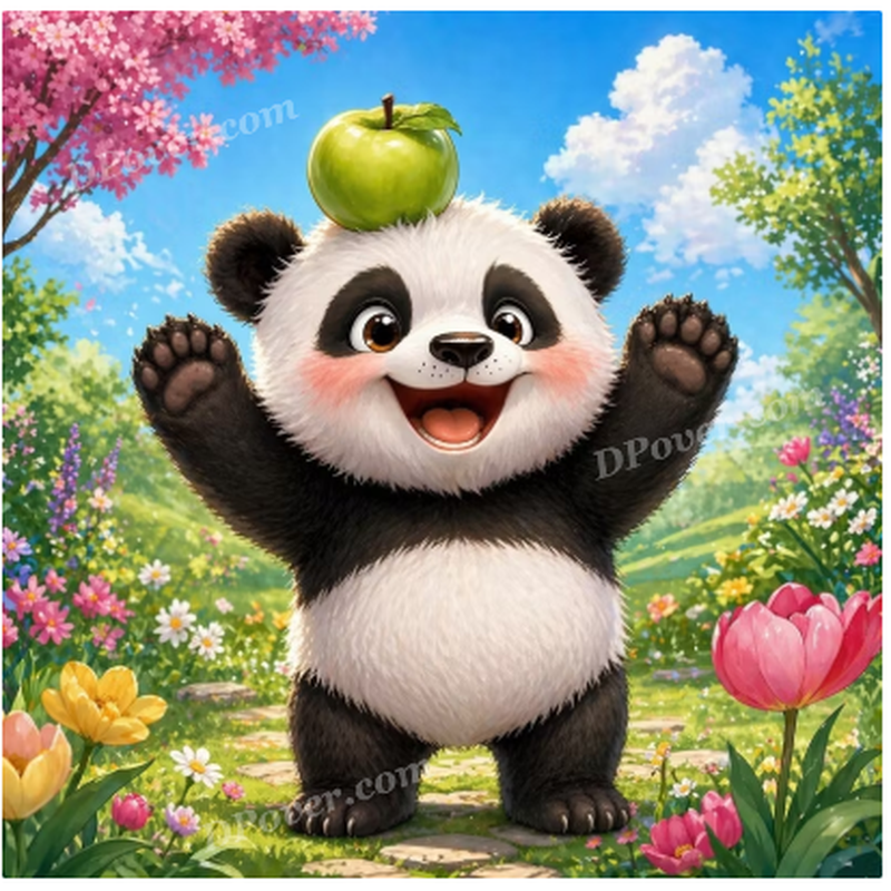 🐼 Happy Panda with Apple Diamond Painting Kit